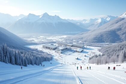 Síelők a hófedte hegyeken Lillehammer közelében, Norvégiában.
