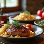 Finom helyi ételek Lillehammerből, friss zöldségekkel és tésztával.