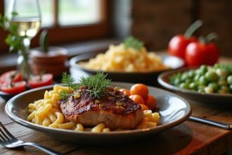 Finom helyi ételek Lillehammerből, friss zöldségekkel és tésztával.