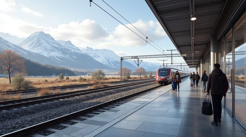 Vonatpályaudvar festői kilátással Norvégiában Lillehammer felé.