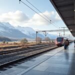 Vonatpályaudvar festői kilátással Norvégiában Lillehammer felé.