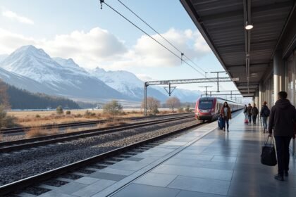 Vonatpályaudvar festői kilátással Norvégiában Lillehammer felé.