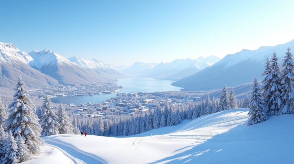 Lillehammer téli táj havas hegyekkel és város panorámával