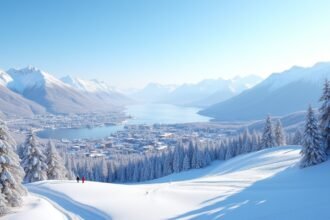 Lillehammer téli táj havas hegyekkel és város panorámával