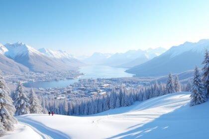 Lillehammer téli táj havas hegyekkel és város panorámával