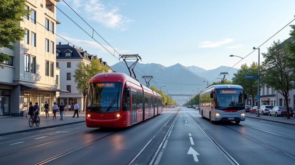 Bergen Bybanen villamos és busz a városközpontban, norvég hegyek háttérrel.