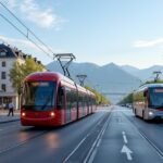 Bergen Bybanen villamos és busz a városközpontban, norvég hegyek háttérrel.