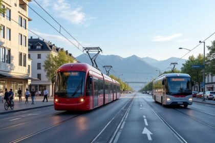 Bergen Bybanen villamos és busz a városközpontban, norvég hegyek háttérrel.