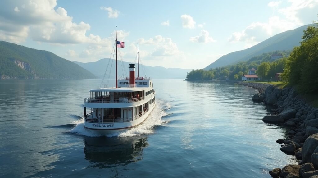 Skibladner gőzhajó a Mjøsa tavon, gyönyörű tájjal körülvéve.