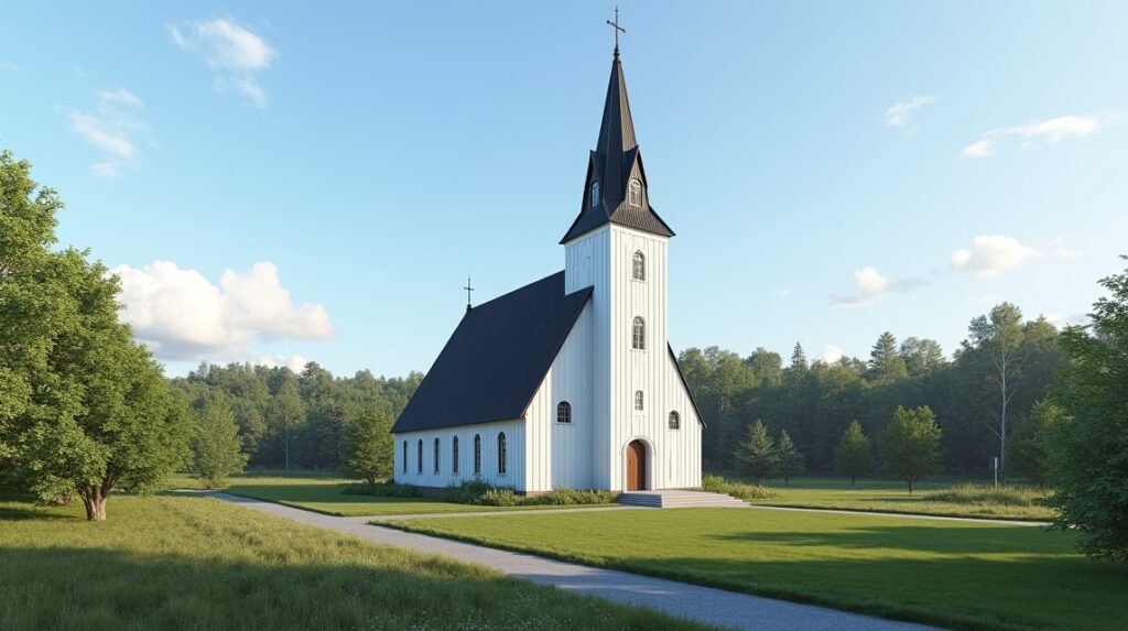 A gyönyörű Gjøvik templom zöld környezetben, Norvégiában.