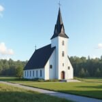 A gyönyörű Gjøvik templom zöld környezetben, Norvégiában.