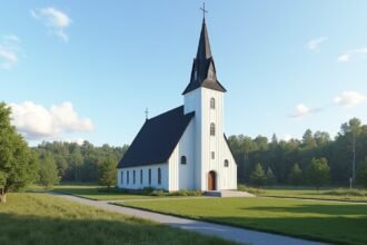 A gyönyörű Gjøvik templom zöld környezetben, Norvégiában.