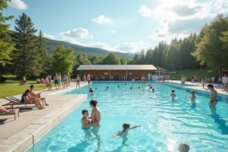 Fastland szabadtéri uszoda Gjøvik városában gyönyörű tóparti környezetben.