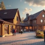 Gjøvik Csokoládégyár külső nézet, látogatók és gyönyörű táj.