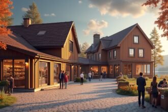 Gjøvik Csokoládégyár külső nézet, látogatók és gyönyörű táj.