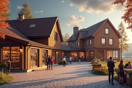 Gjøvik Csokoládégyár külső nézet, látogatók és gyönyörű táj.