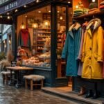 Norvég gyapjú és esőkabátok boltja Bergenben, esős időben