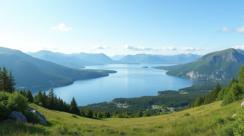 Kilátás Gjøvikból a Hovdetoppen kilátóból, Mjøsa tóra és hegyekre.