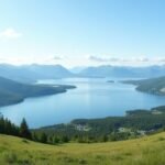 Kilátás Gjøvikból a Hovdetoppen kilátóból, Mjøsa tóra és hegyekre.