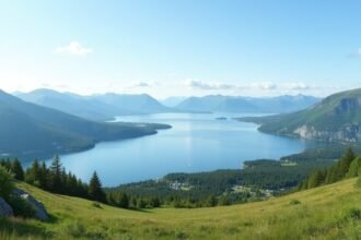 Kilátás Gjøvikból a Hovdetoppen kilátóból, Mjøsa tóra és hegyekre.