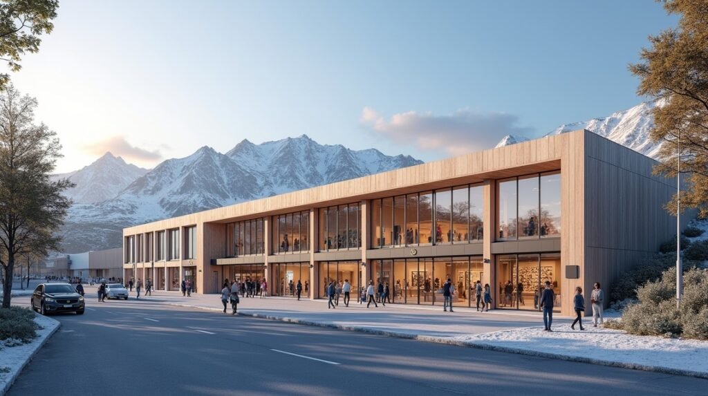 A CC Gjøvik bevásárlóközpont kültéri nézete norvég hegyek között.