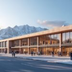 A CC Gjøvik bevásárlóközpont kültéri nézete norvég hegyek között.