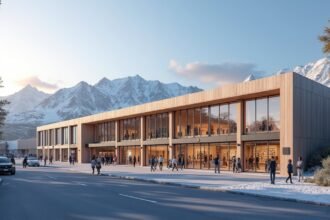 A CC Gjøvik bevásárlóközpont kültéri nézete norvég hegyek között.