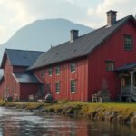 Gjøvik üveggyár régi épülete a zöld fűvel és vízparttal