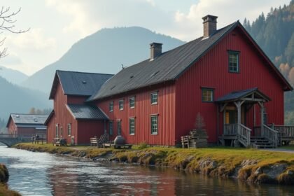 Gjøvik üveggyár régi épülete a zöld fűvel és vízparttal