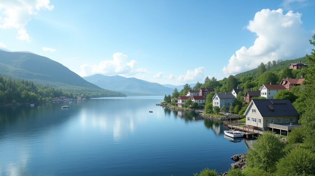 Gjøvik tóparti táj Mjøsánál Norvégiában