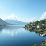 Gjøvik tóparti táj Mjøsánál Norvégiában