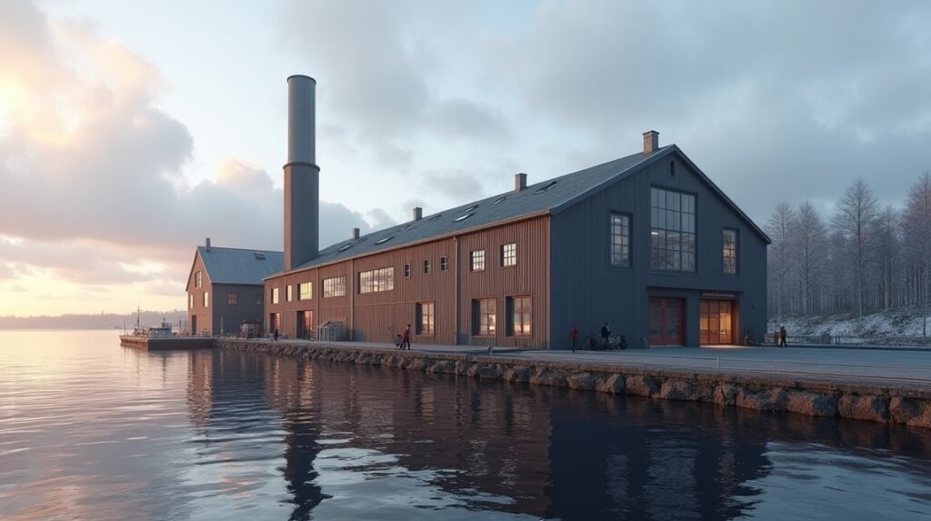 A Mustad horoggyár épülete Gjøvikben, Norvégiában, naplementében.