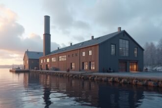 A Mustad horoggyár épülete Gjøvikben, Norvégiában, naplementében.