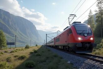 Gjøvikbanen vonat a festői Mjøsa-parton, Norvégia