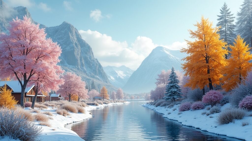 Gjøvik téli táj hóval borított fák és hegyek között.