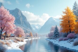 Gjøvik téli táj hóval borított fák és hegyek között.