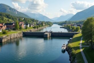 A Telemark-csatorna zsilipje Skien városában, Norvégiában