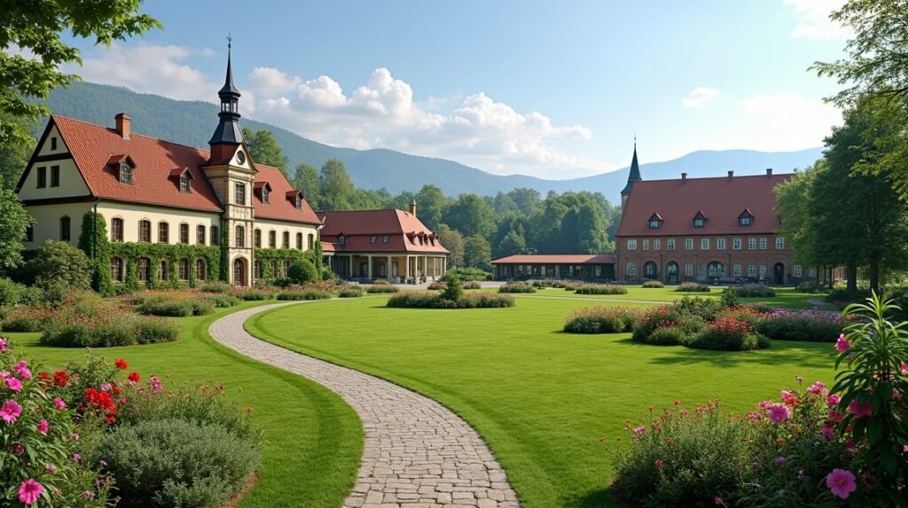 Brekkeparken kert és épületei Skien városában, Norvégiában.