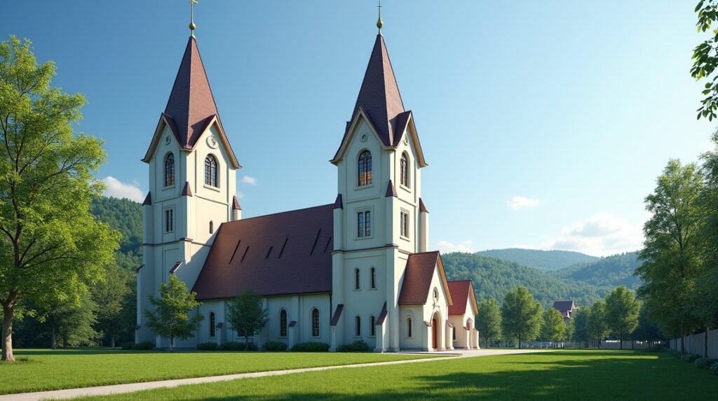 Skien templomának két tornya gyönyörű zöld környezetben.