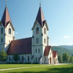 Skien templomának két tornya gyönyörű zöld környezetben.