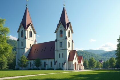 Skien templomának két tornya gyönyörű zöld környezetben.