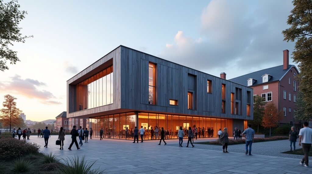 Ibsenhuset modern épület Skien városában, látogatók tömege előtt.