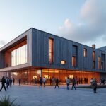 Ibsenhuset modern épület Skien városában, látogatók tömege előtt.