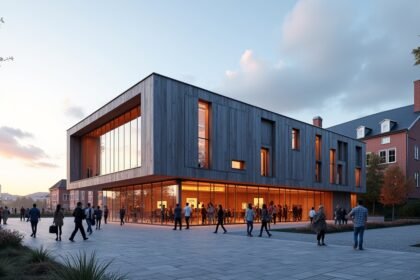 Ibsenhuset modern épület Skien városában, látogatók tömege előtt.