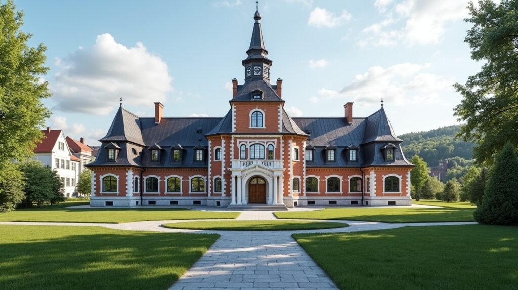 Skien Városháza látványos építészete a város zöld környezetében.