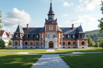 Skien Városháza látványos építészete a város zöld környezetében.