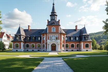 Skien Városháza látványos építészete a város zöld környezetében.