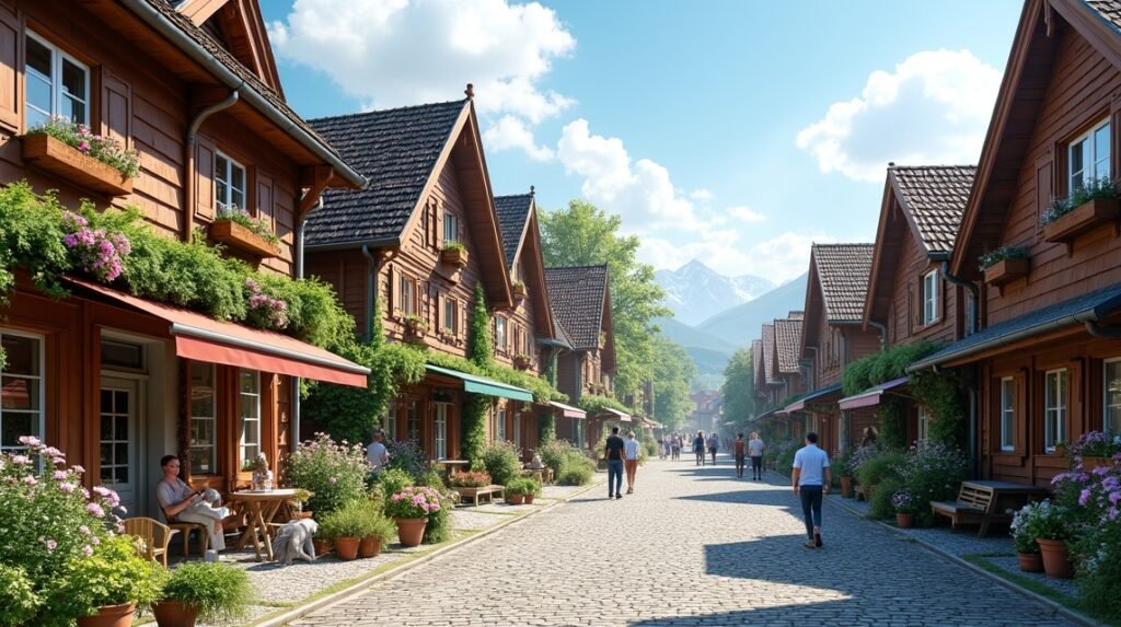 Színes faépületek és macskaköves utca Snipetorp városnegyedében Skienben