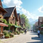 Színes faépületek és macskaköves utca Snipetorp városnegyedében Skienben