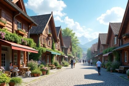Színes faépületek és macskaköves utca Snipetorp városnegyedében Skienben